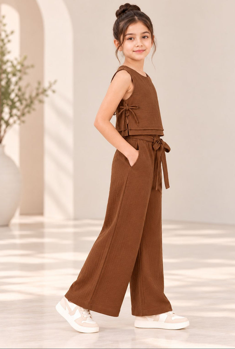 Spunkies Girls Brown Crochet Sleeveless Co-Ord Set