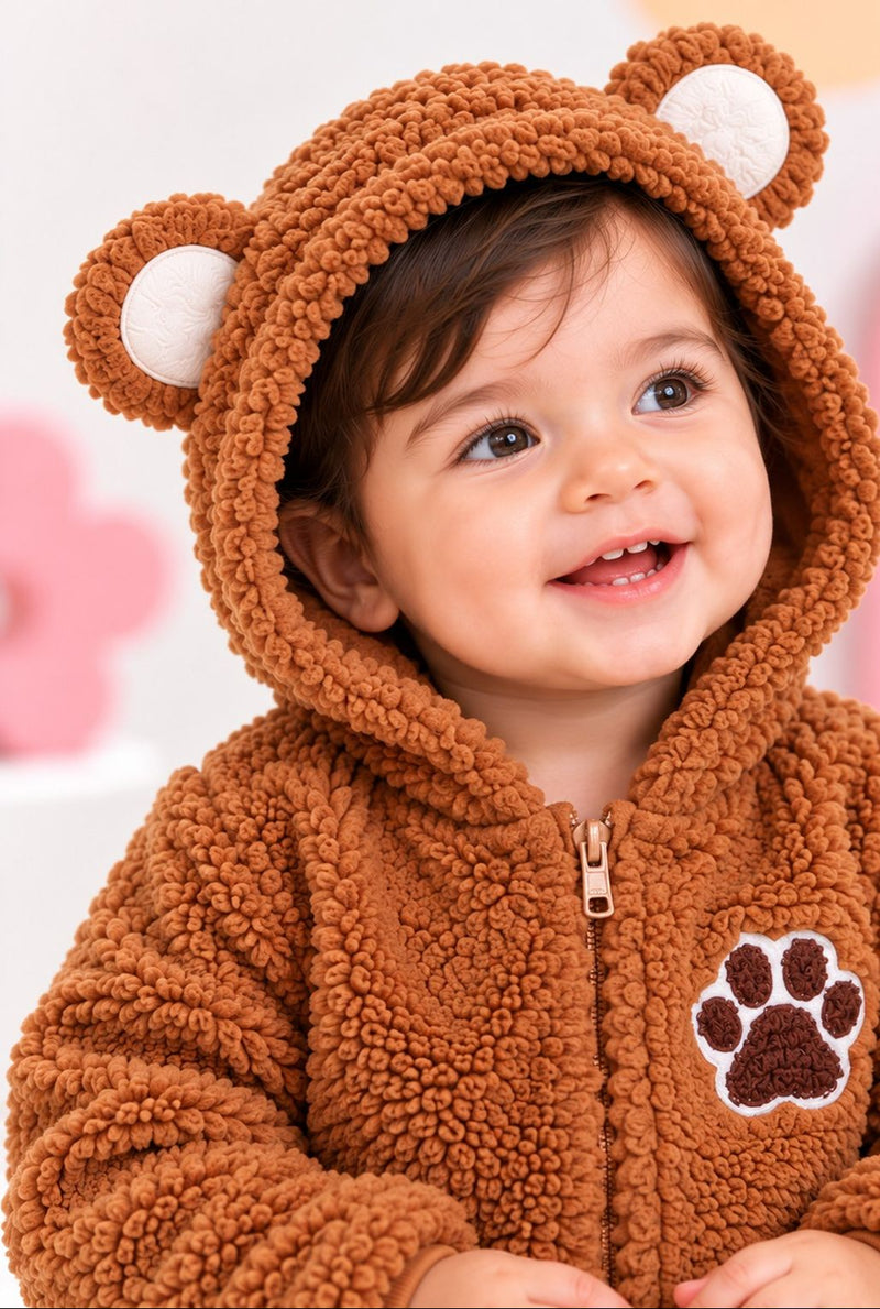 Spunkies Infant Brown Sherpa Bear Romper with Ear Details - Cozy & Adorable Hooded Outfit