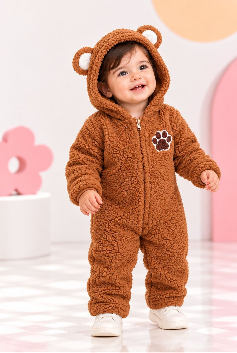 Spunkies Infant Brown Sherpa Bear Romper with Ear Details - Cozy & Adorable Hooded Outfit