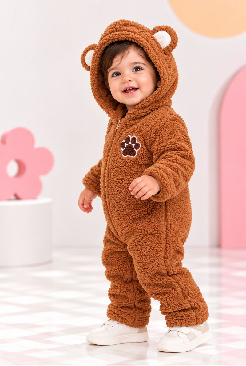 Spunkies Infant Brown Sherpa Bear Romper with Ear Details - Cozy & Adorable Hooded Outfit