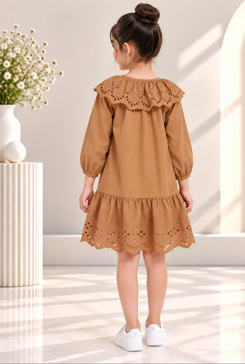 Spunkies Brown Eyelet Lace Ruffle Dress-Girls.