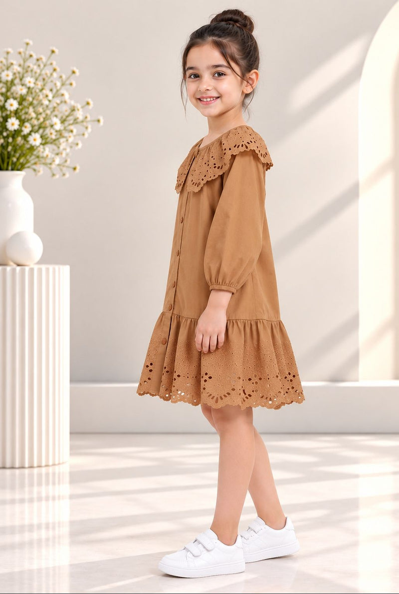 Spunkies Brown Eyelet Lace Ruffle Dress-Girls.
