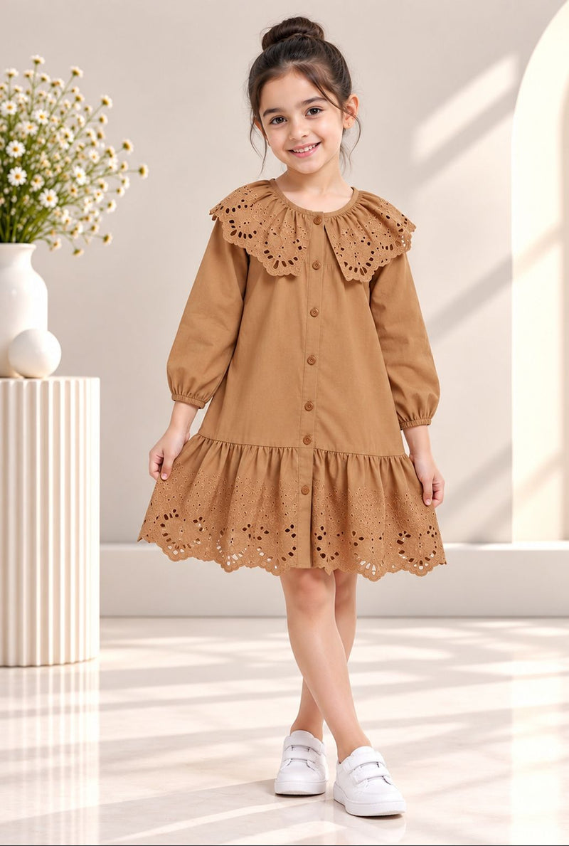 Spunkies Brown Eyelet Lace Ruffle Dress-Girls.
