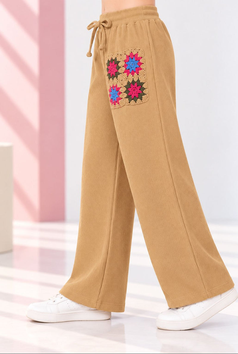 Spunkies Brown Cotton Crochet Patch Lounge Pants