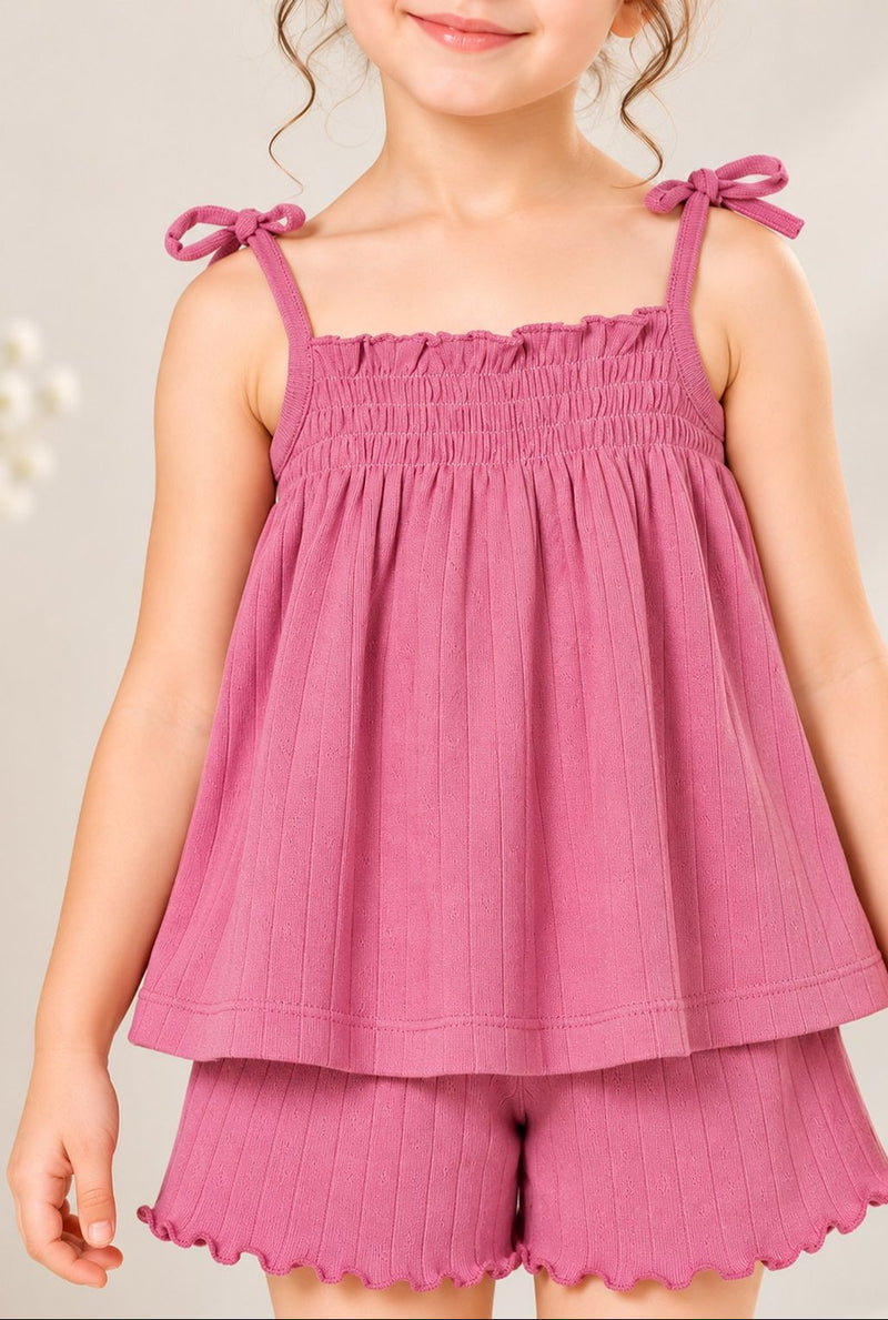 Spunkies Girls Pink Smocked Shoulder Straps Sleeveless Top and Shorts Set