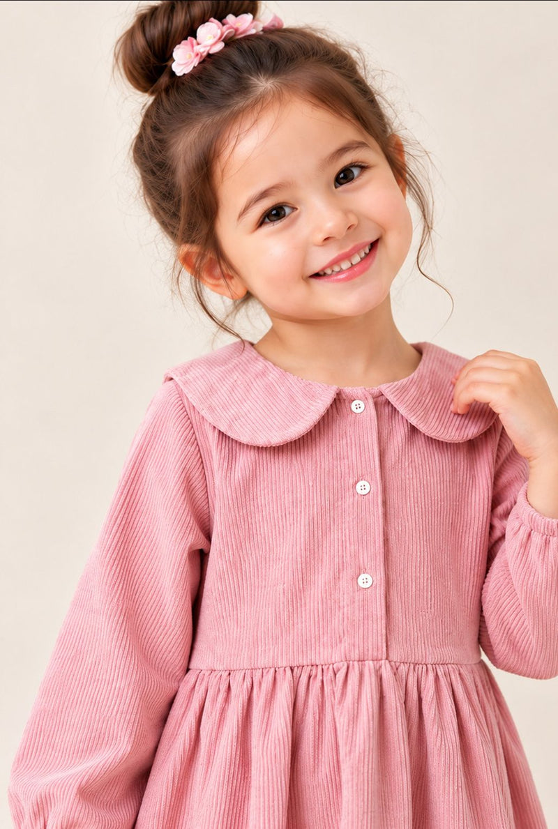 Spunkies Girls Peach Collar Neck Corduroy Rib Solid Dress