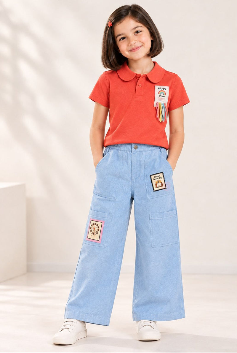 Spunkies Girls Blue Graphic Print Button and Zip Straight Leg Flat-Front Trousers