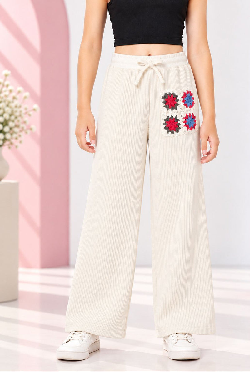 Spunkies White Cotton Crochet Patch Lounge Pants