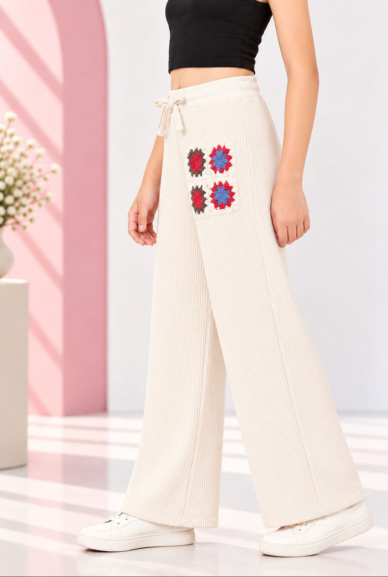 Spunkies White Cotton Crochet Patch Lounge Pants