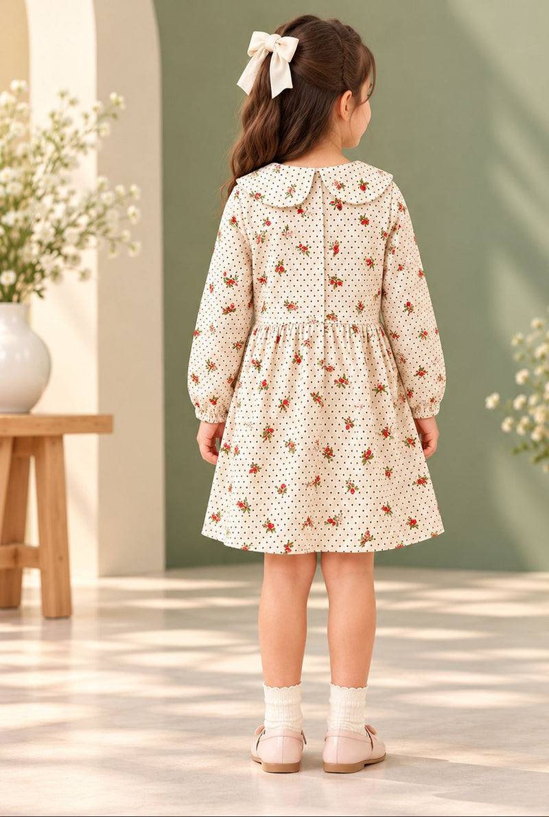 Spunkies Girls White Collar Neck Corduroy Floral Print Dress