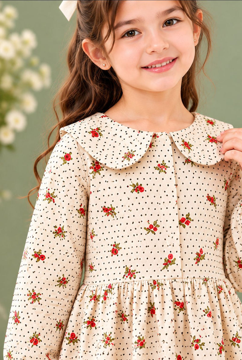 Spunkies Girls White Collar Neck Corduroy Floral Print Dress