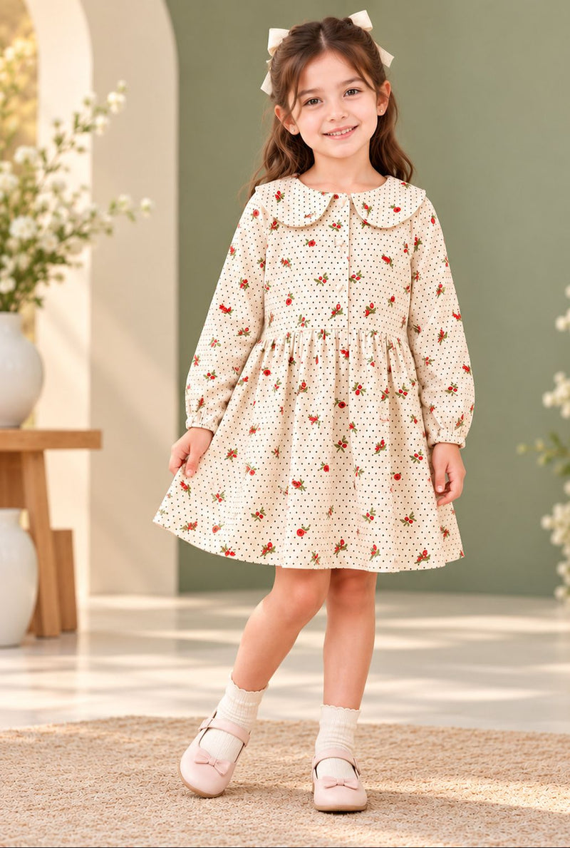 Spunkies Girls White Collar Neck Corduroy Floral Print Dress