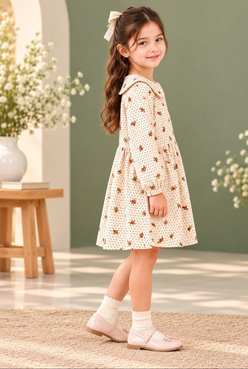 Spunkies Girls White Collar Neck Corduroy Floral Print Dress