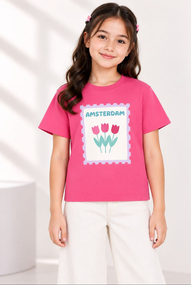 Spunkies Pink Girls Graphic Print Crew Neck Short Sleeves Top