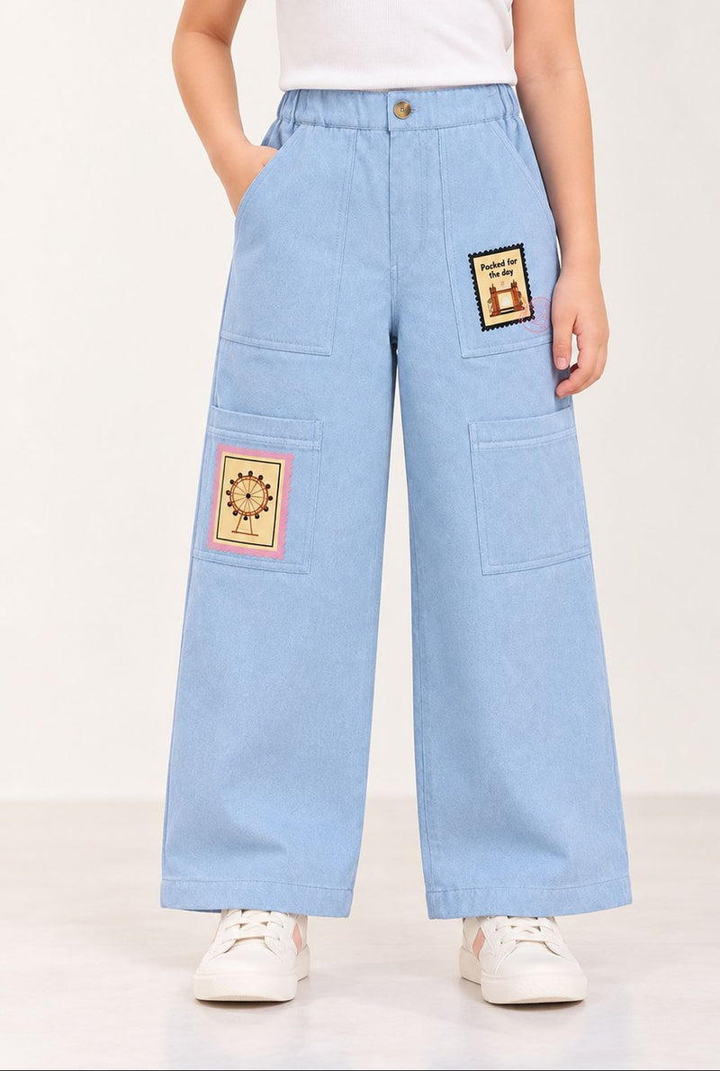 Spunkies Girls Blue Graphic Print Button and Zip Straight Leg Flat-Front Trousers