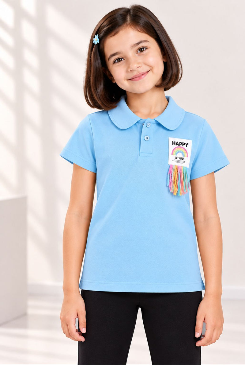 Spunkies Aqua Girls Solid Peter Pan Collar Short Sleeves Polo T-Shirt