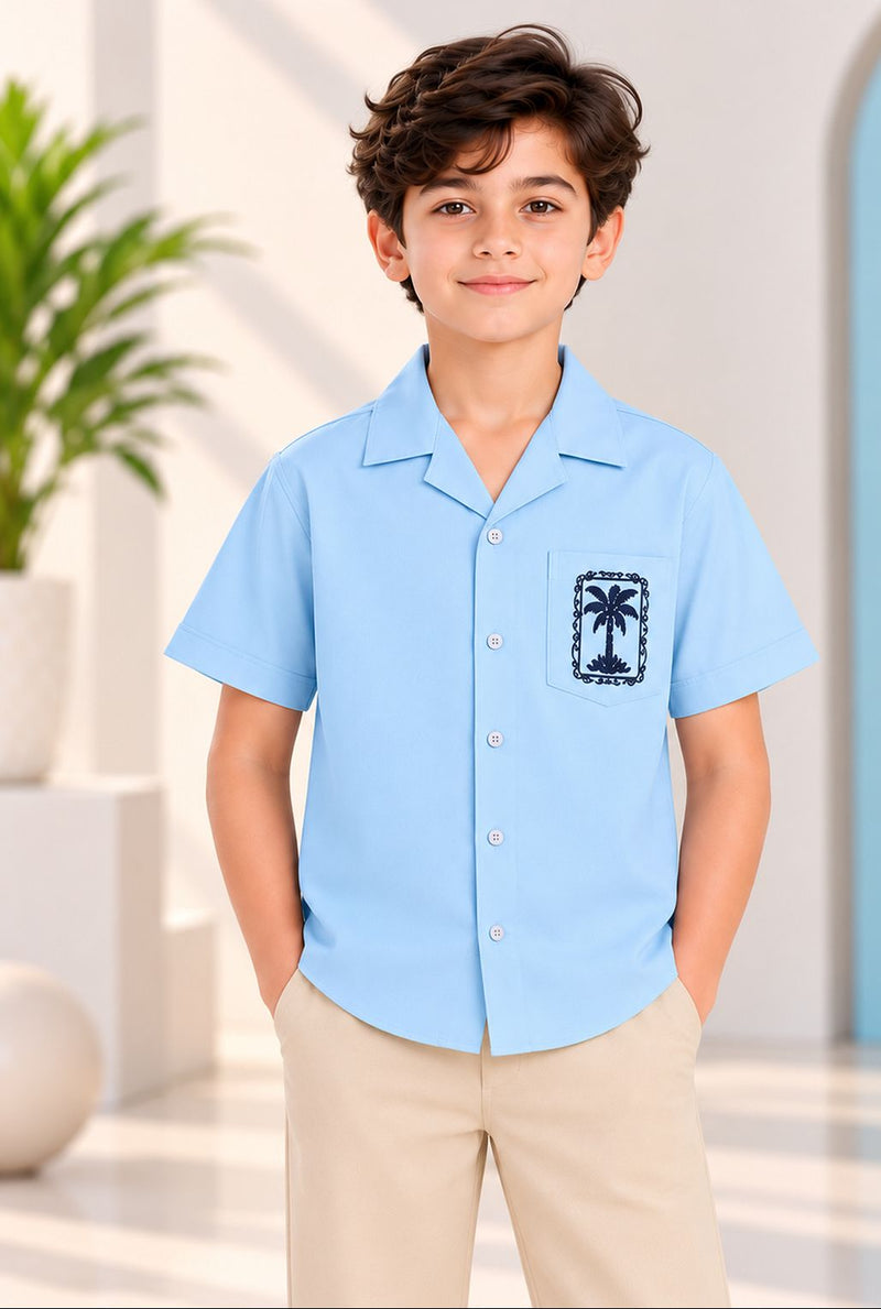 Spunkies Light Blue Boys Graphic Print Cuban Collar Short Sleeves Shirt