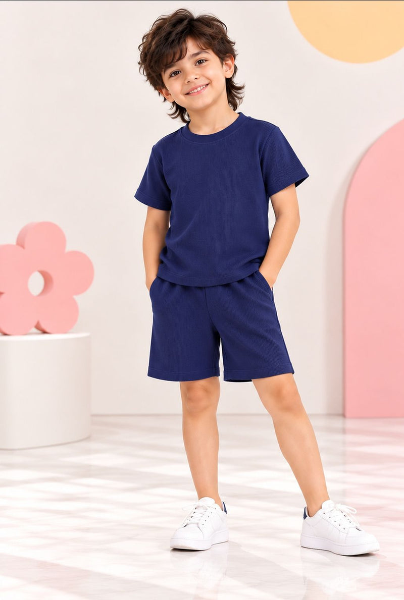 Spunkies Boys Navy Blue Solid Crew Neck Short Sleeves T-Shirt and Shorts Set