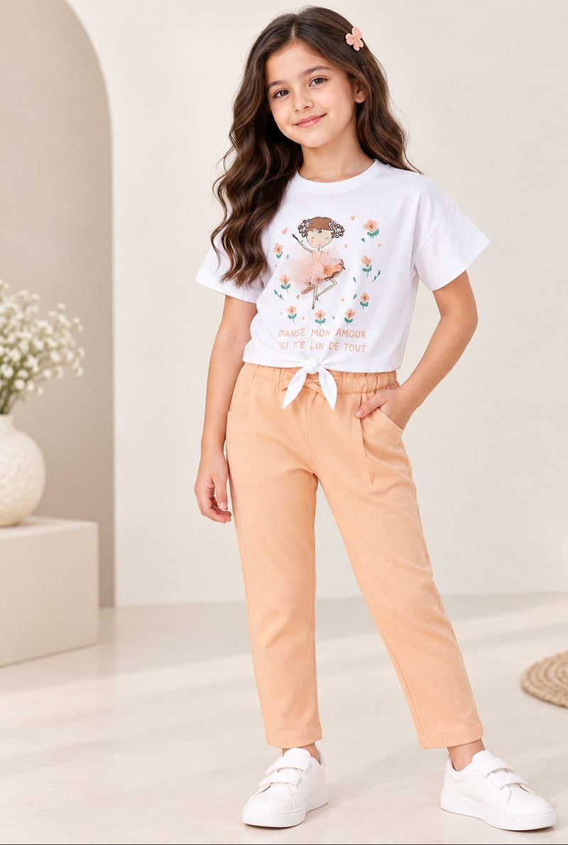 Spunkies Girls Peach Solid Elasticated Waist Single Pleated Trousers