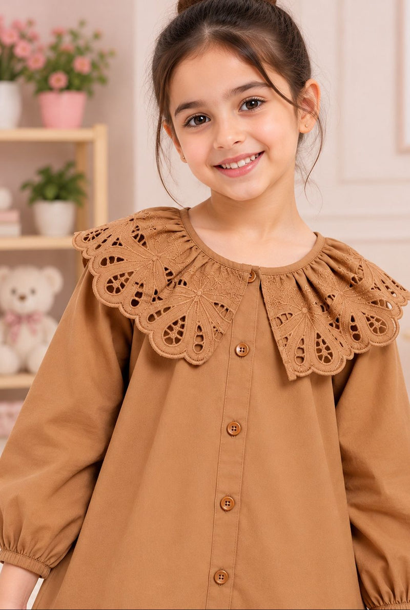 Spunkies Brown Eyelet Lace Ruffle Dress-Girls.