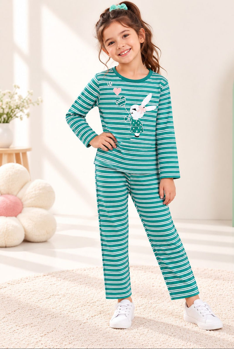 Spunkies Girls Green Striped T-shirt with Pyjama Set