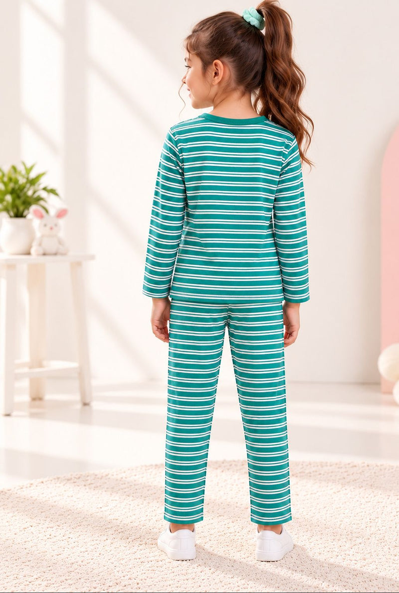Spunkies Girls Green Striped T-shirt with Pyjama Set