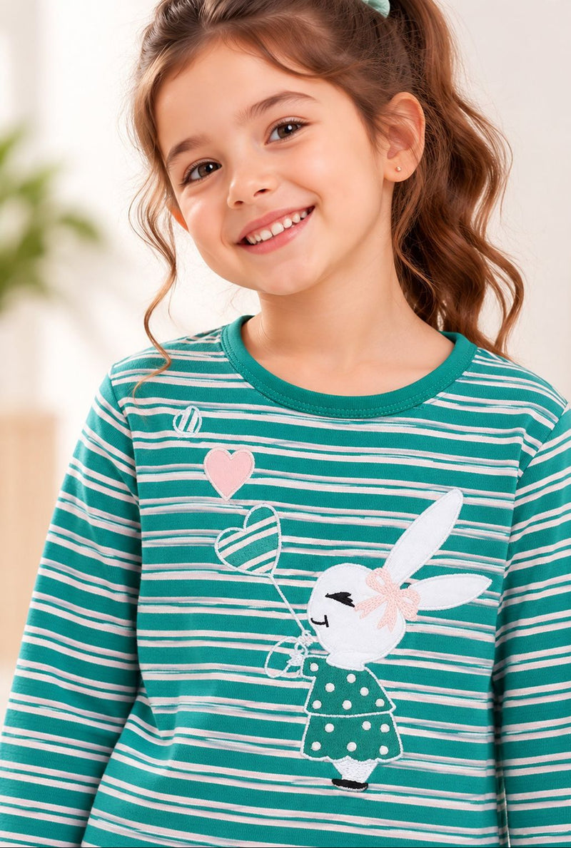 Spunkies Girls Green Striped T-shirt with Pyjama Set