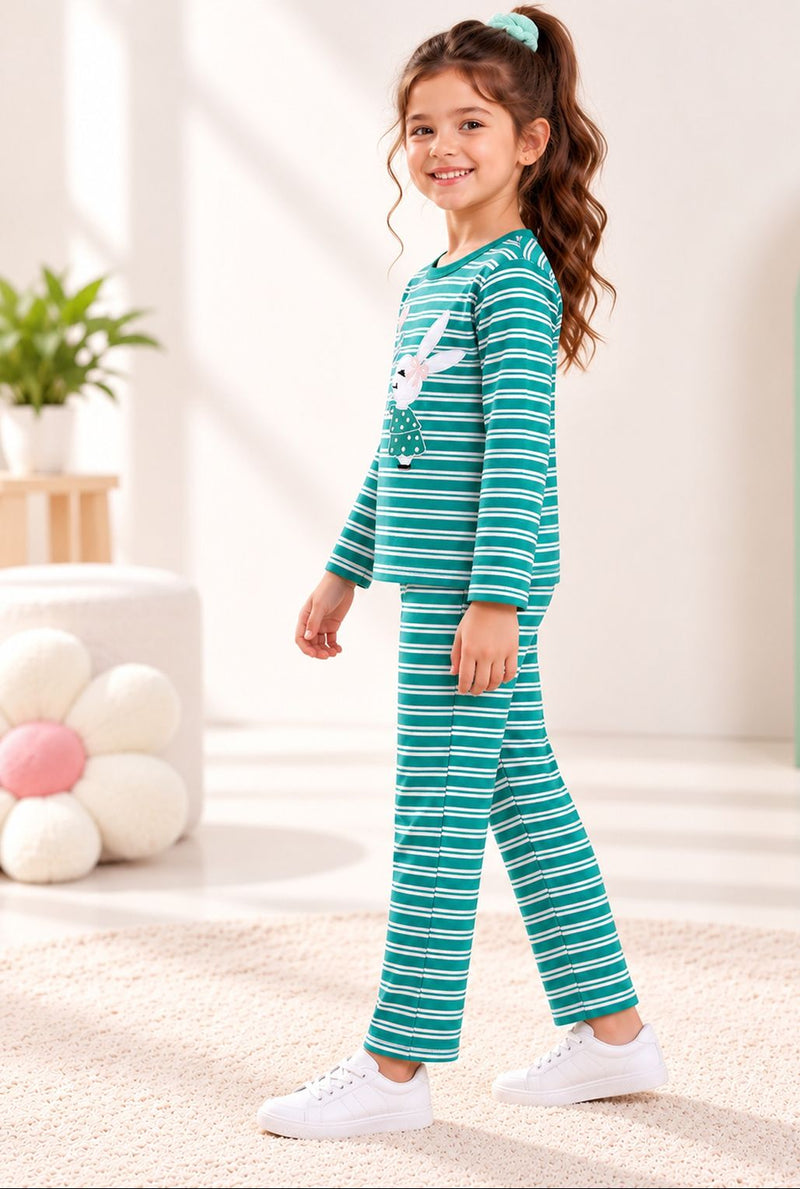 Spunkies Girls Green Striped T-shirt with Pyjama Set