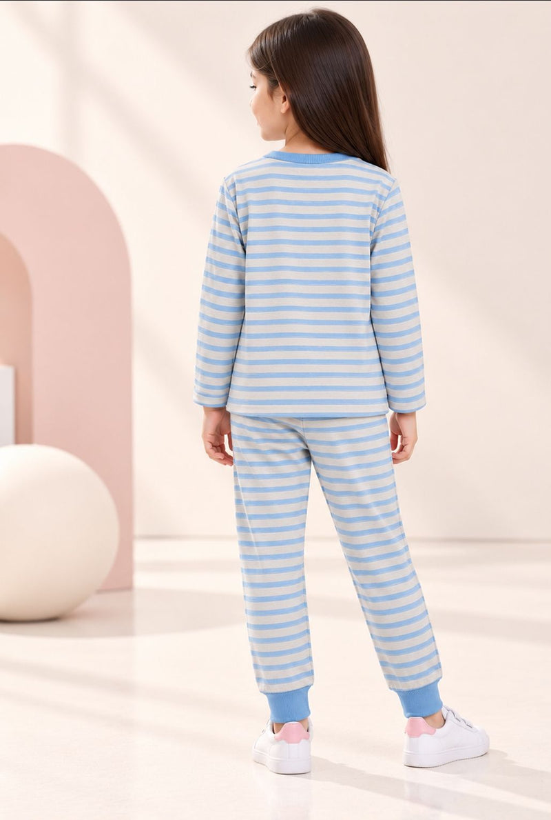 Spunkies Girls Blue Striped T-shirt with Pyjama Set