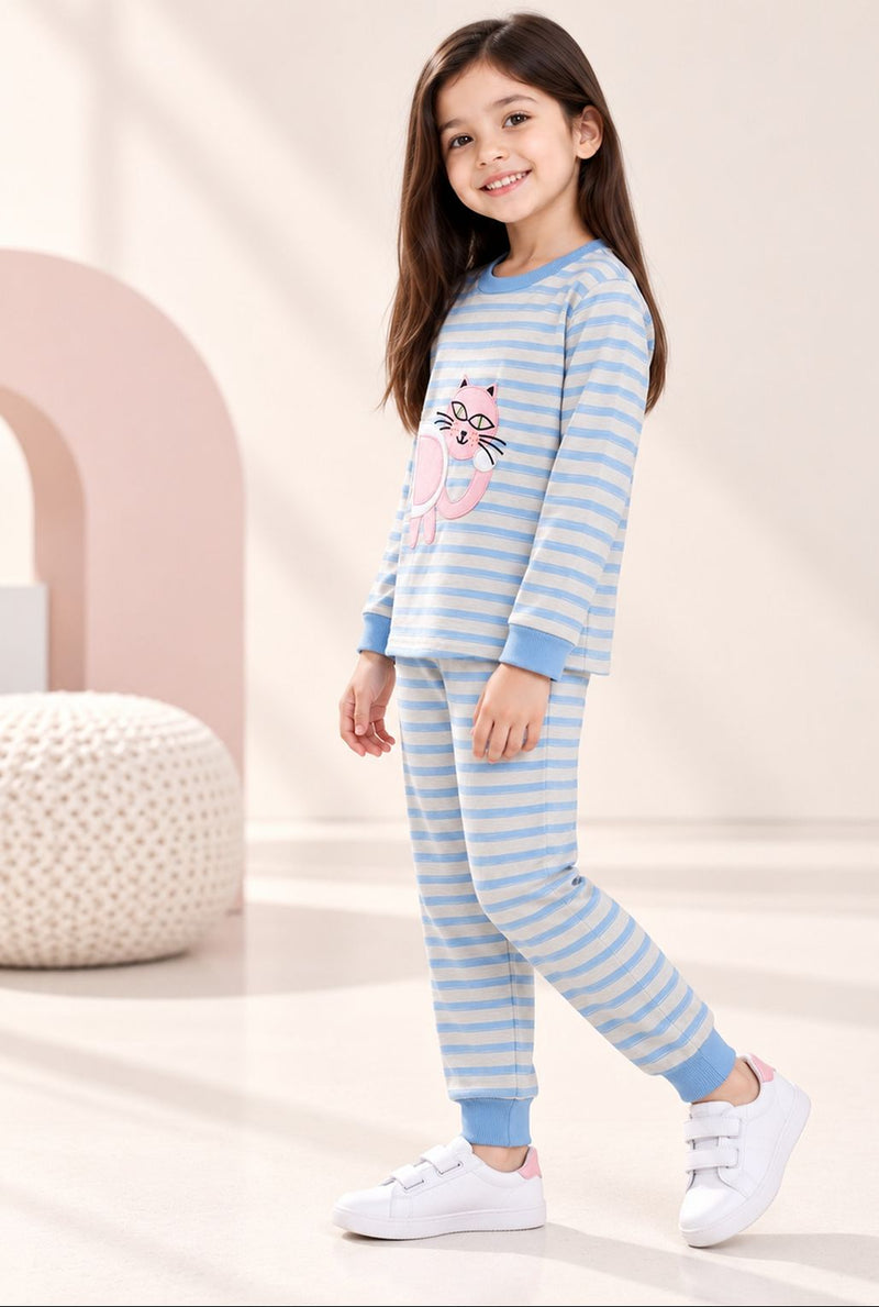 Spunkies Girls Blue Striped T-shirt with Pyjama Set