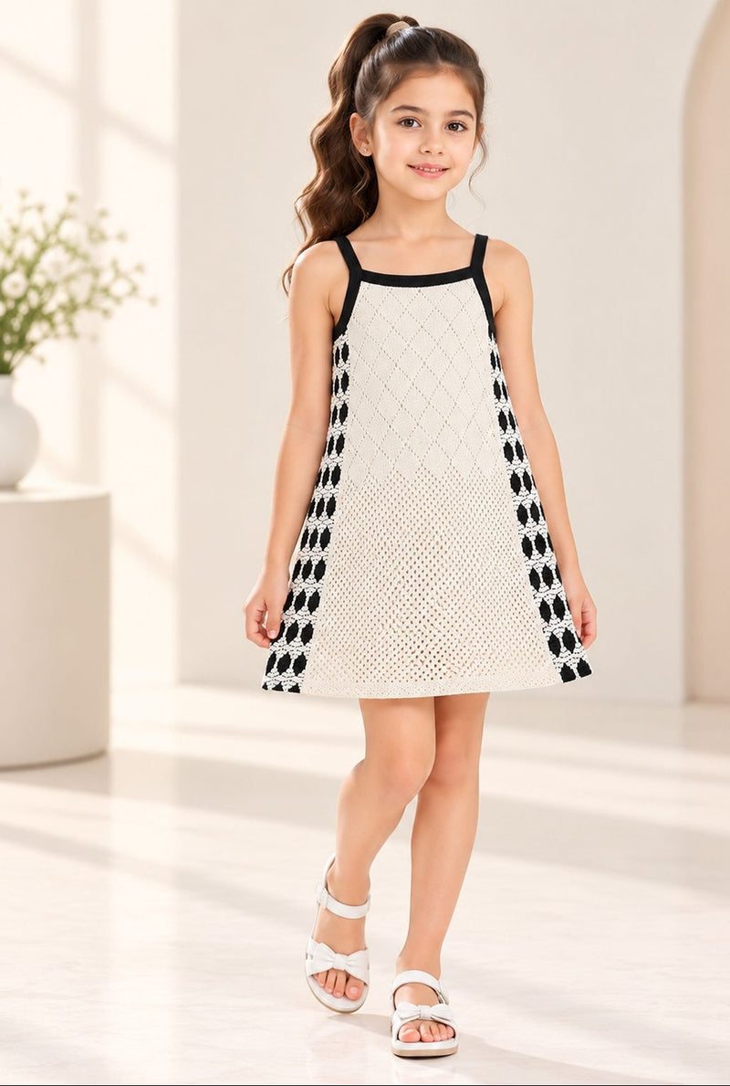 Spunkies Off White Girls Crochet Square Neck Sleeveless A-Line Dress