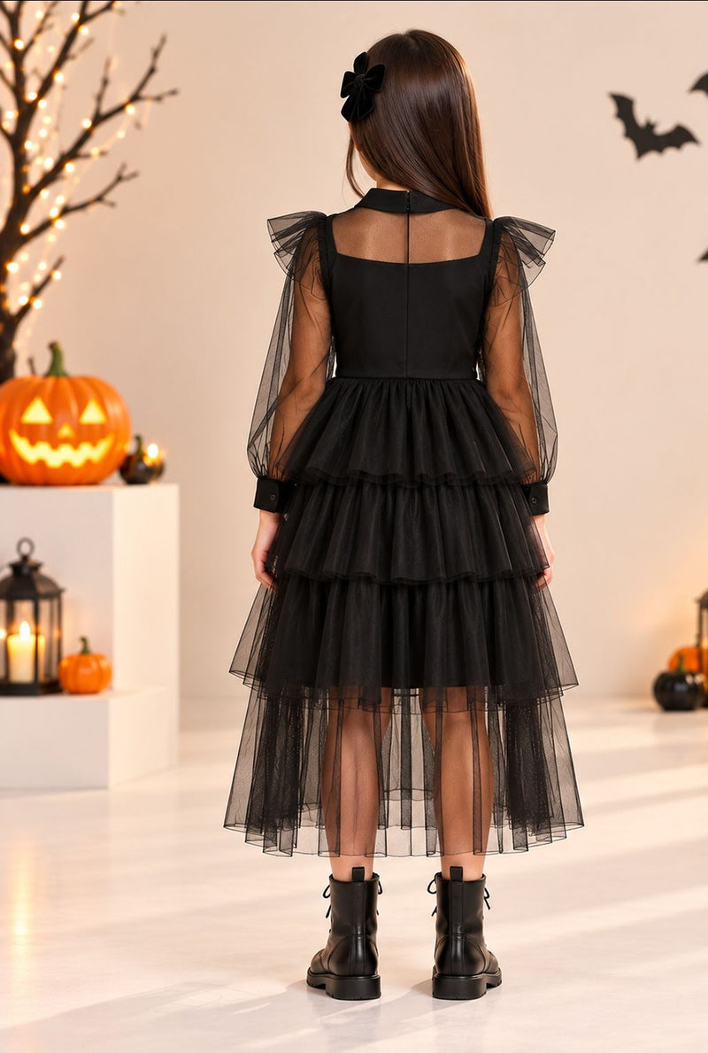 Spunkies Girls Black Mesh Voile Layered Wednesday Dress