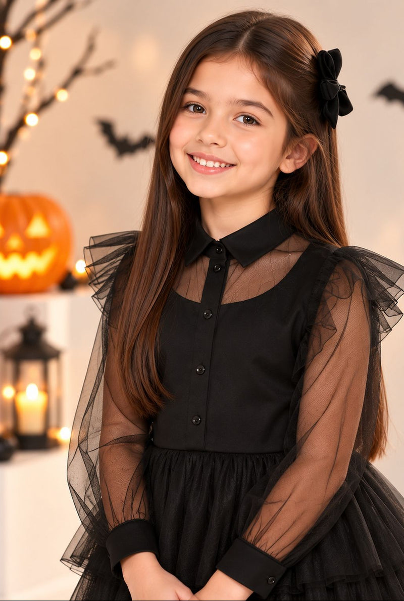 Spunkies Girls Black Mesh Voile Layered Wednesday Dress
