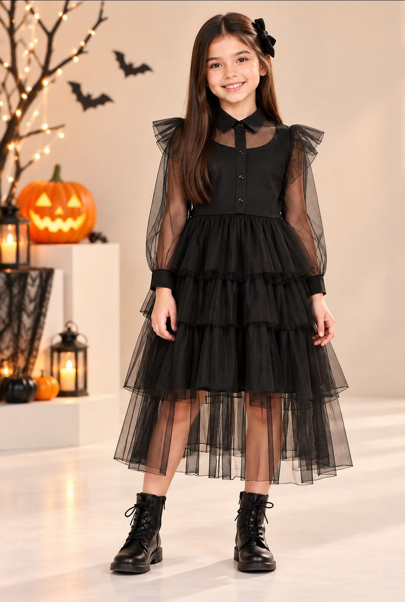Spunkies Girls Black Mesh Voile Layered Wednesday Dress