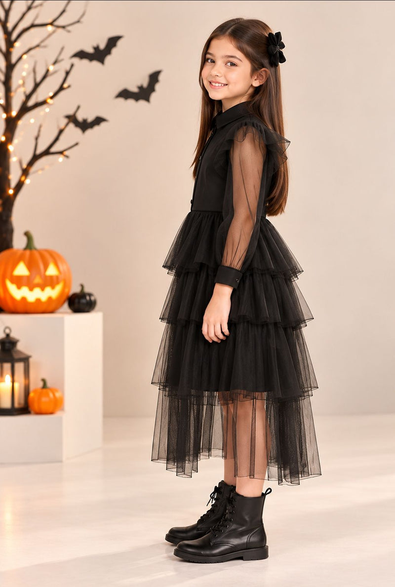 Spunkies Girls Black Mesh Voile Layered Wednesday Dress