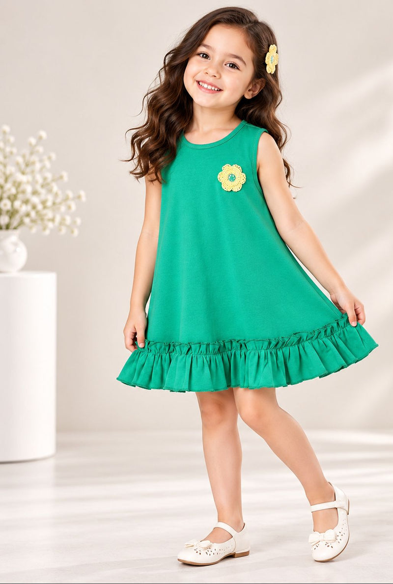 Spunkies Green Girls Crochet Floral Round Neck Sleeveless A-Line Dress