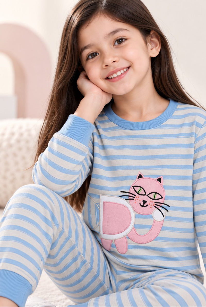 Spunkies Girls Blue Striped T-shirt with Pyjama Set