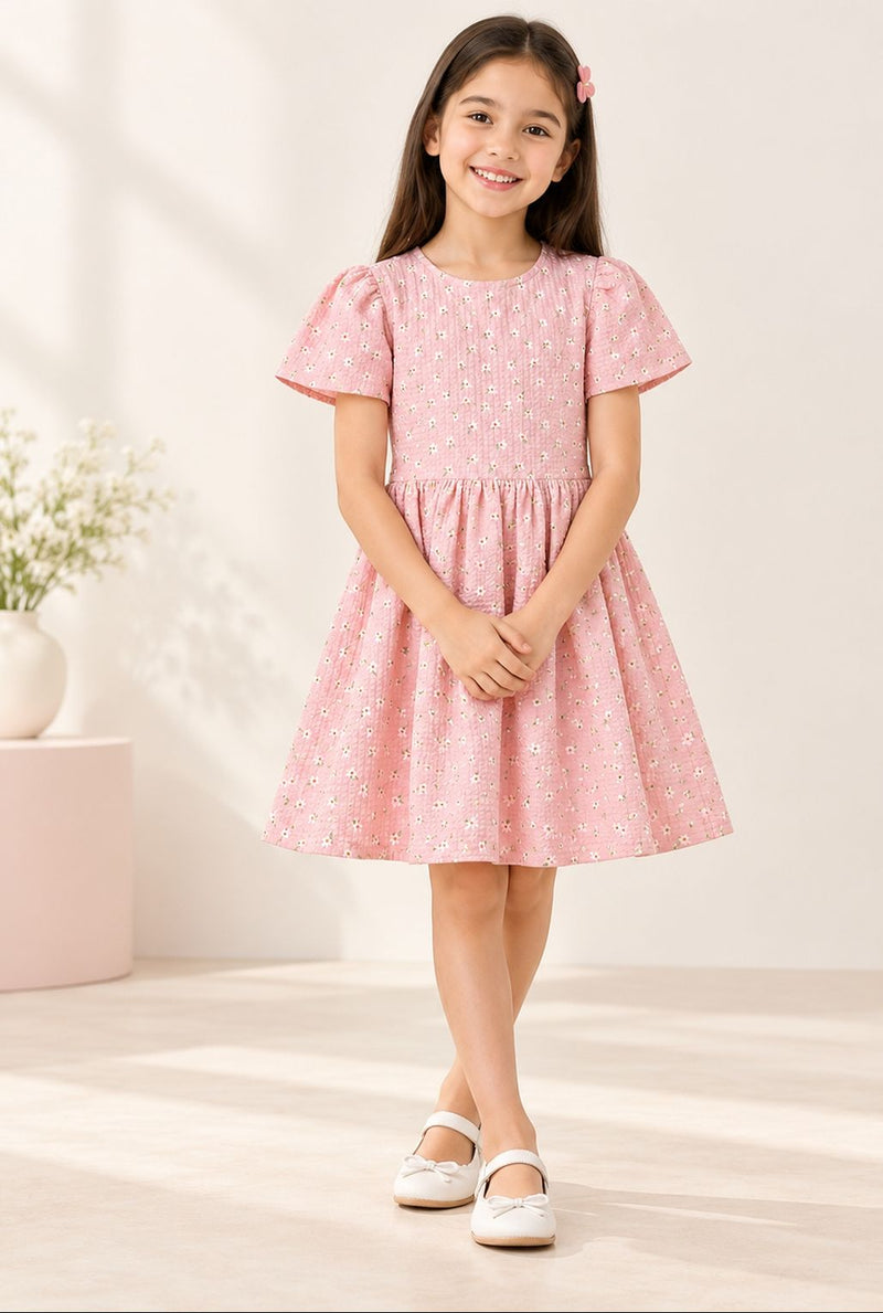 Spunkies Girls Pink Seersucker 100% Cotton Puff Sleeve Dress