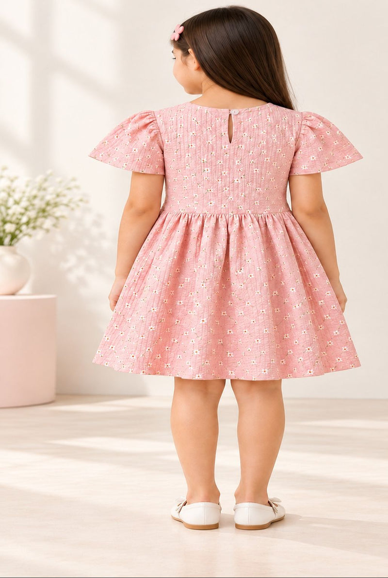 Spunkies Girls Pink Seersucker 100% Cotton Puff Sleeve Dress