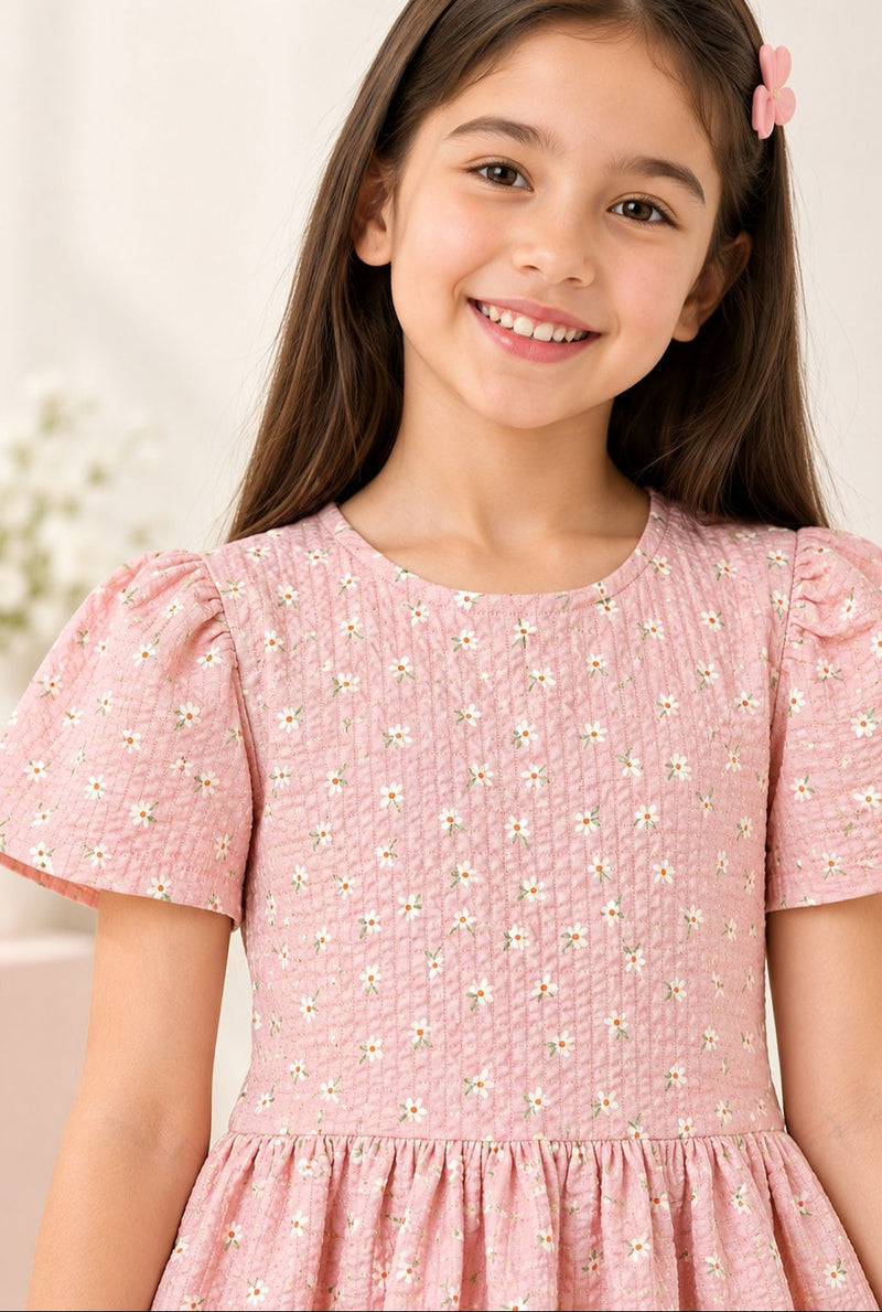Spunkies Girls Pink Seersucker 100% Cotton Puff Sleeve Dress