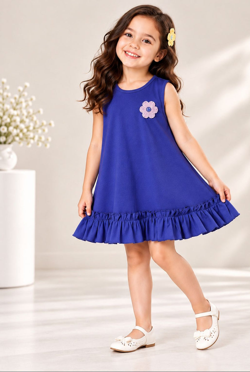 Spunkies Blue Girls Crochet Floral Round Neck Sleeveless A-Line Dress