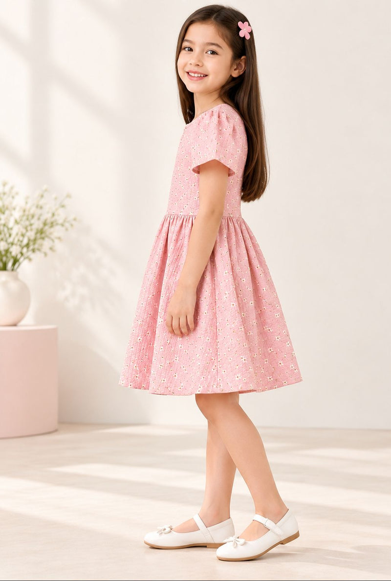 Spunkies Girls Pink Seersucker 100% Cotton Puff Sleeve Dress