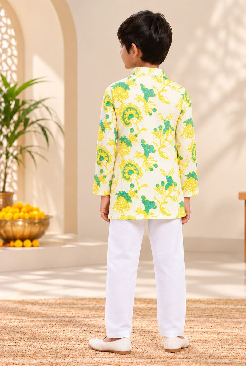 Spunkies Boys White Cotton Printed Ethnic Kurta Pajama Set