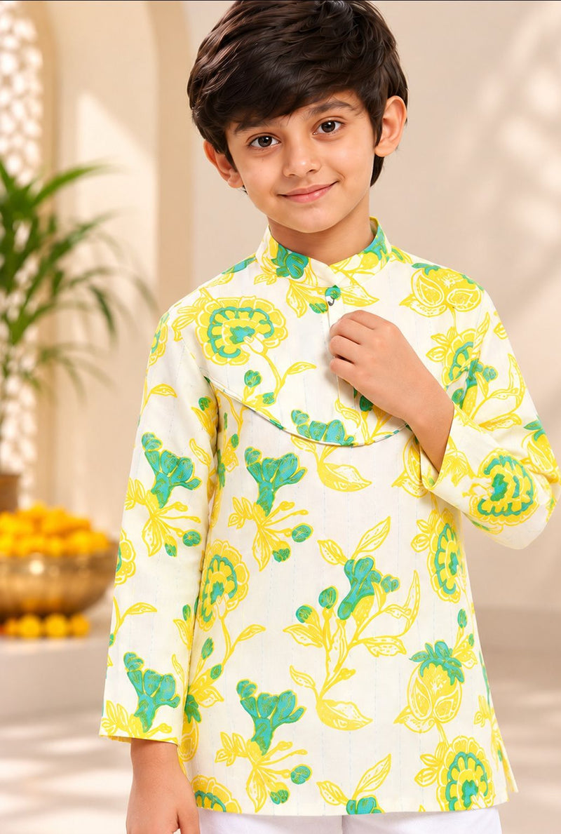 Spunkies Boys White Cotton Printed Ethnic Kurta Pajama Set