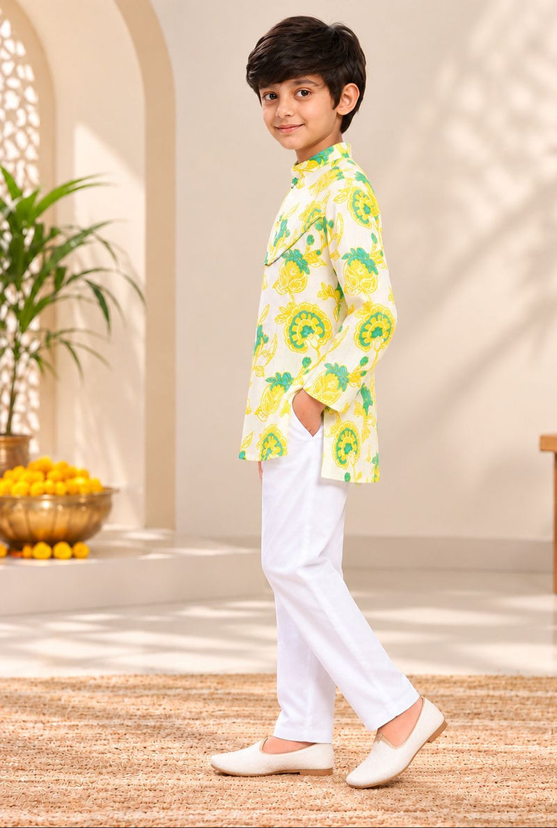 Spunkies Boys White Cotton Printed Ethnic Kurta Pajama Set