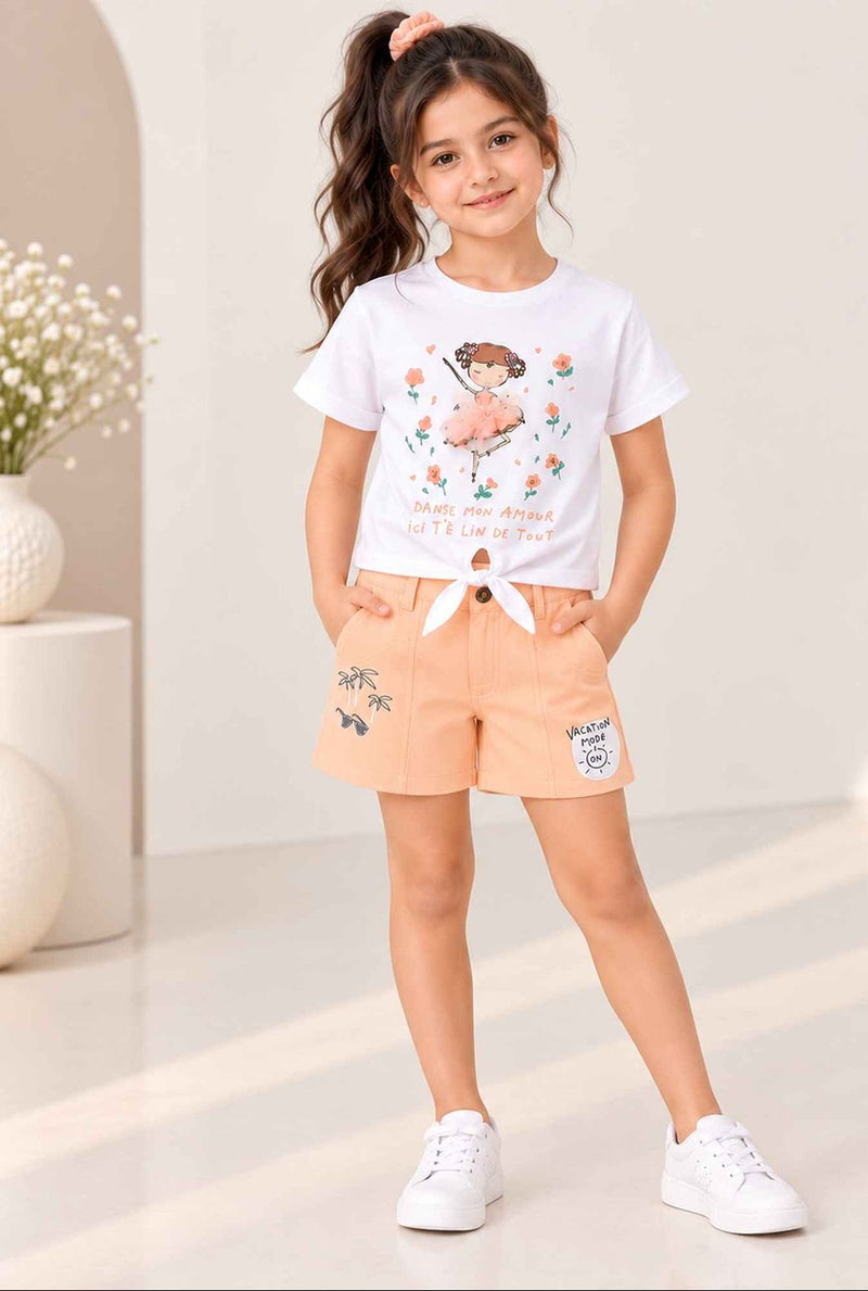 Spunkies Girls Peach Graphic Print Button and Zip Shorts