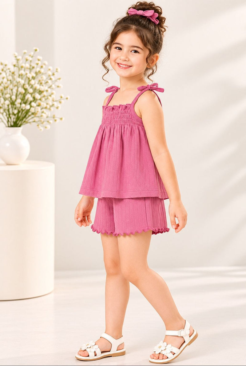 Spunkies Girls Pink Smocked Shoulder Straps Sleeveless Top and Shorts Set