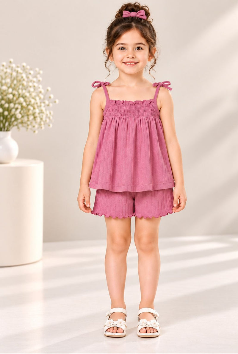 Spunkies Girls Pink Smocked Shoulder Straps Sleeveless Top and Shorts Set