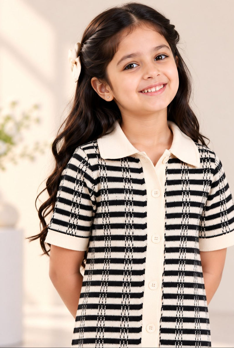 Spunkies Black Girls Crochet Striped Spread Collar Short Sleeves Shirt Dress