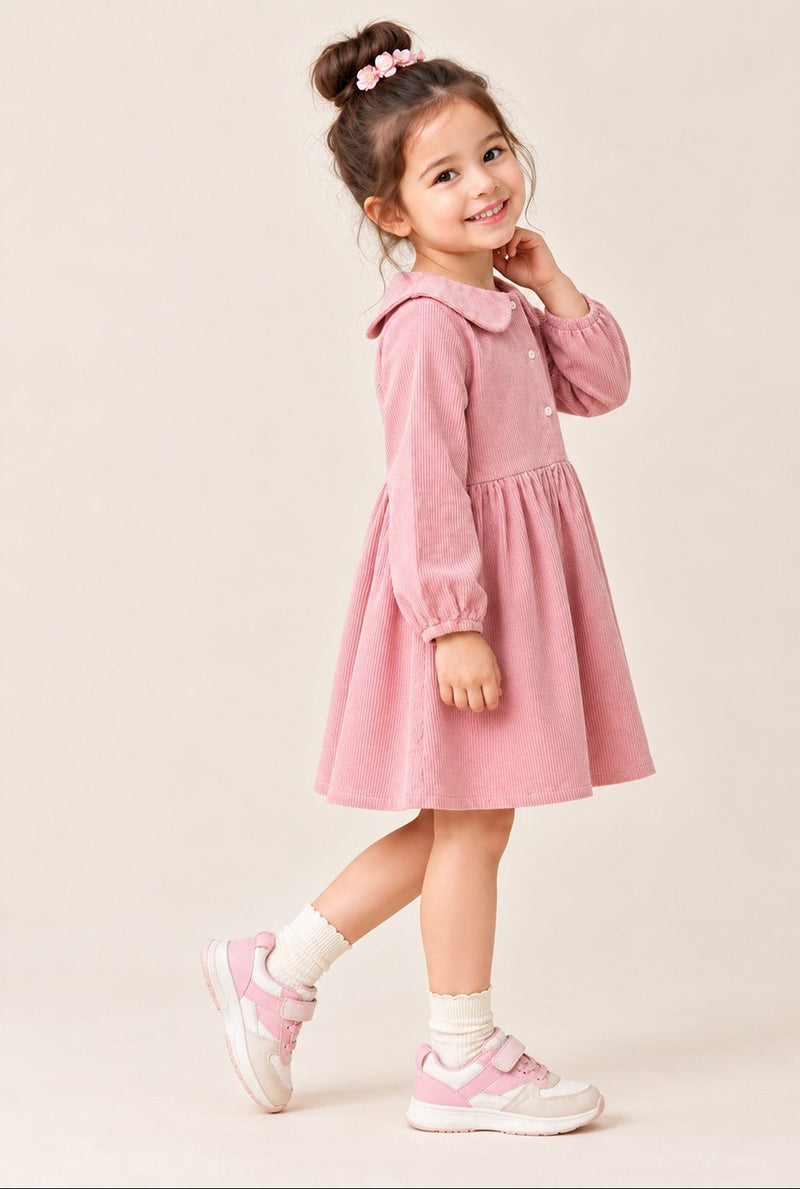 Spunkies Girls Peach Collar Neck Corduroy Rib Solid Dress